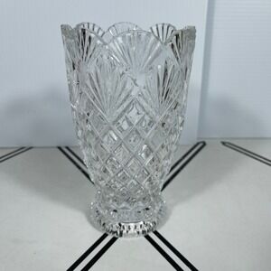 Crystal Cut Glass Vase‎ Fan Art Deco Diamond Pattern Pedestal Base